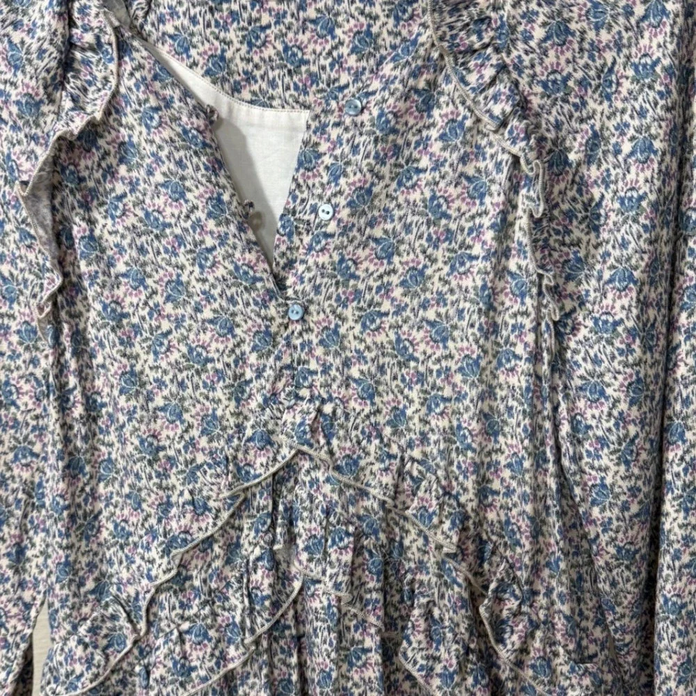 Zara Girls Size 11-12 Floral Ruffle Long Sleeve Boho Mini Dress Blue Cottagecore